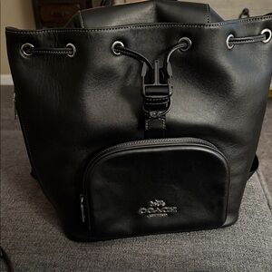 Coach Black Leather Drawstring Backpack